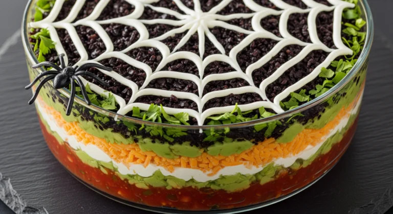 Photorealistic image of a spooky seven-layer dip centerpiece designed as a spider web for a quick Halloween food party.