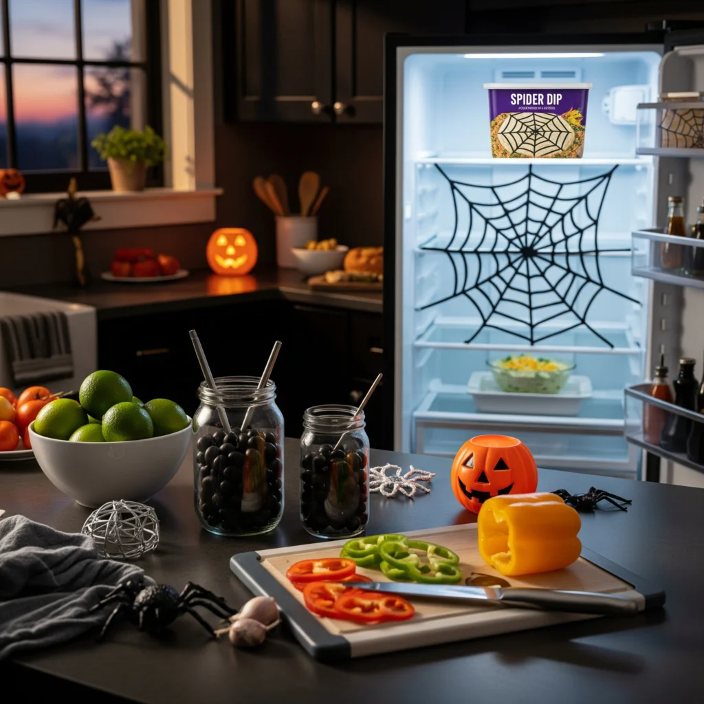Realistic image showing the chilling step for the halloween food party dip, highlighting key fresh ingredients for the recipe.