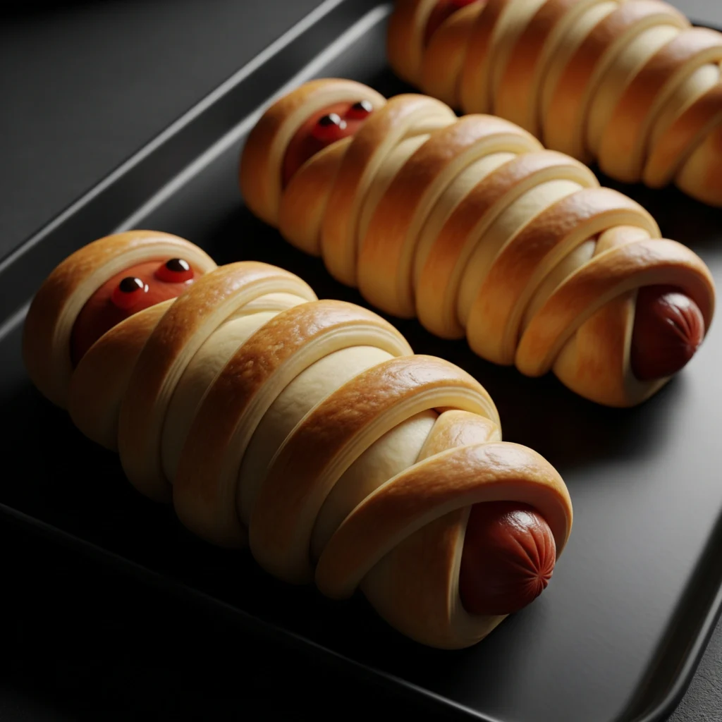 Quick and easy Mummy Dogs appetizer, one of the best 7 halloween food party ideas, wrapped in dough with ketchup eyes.