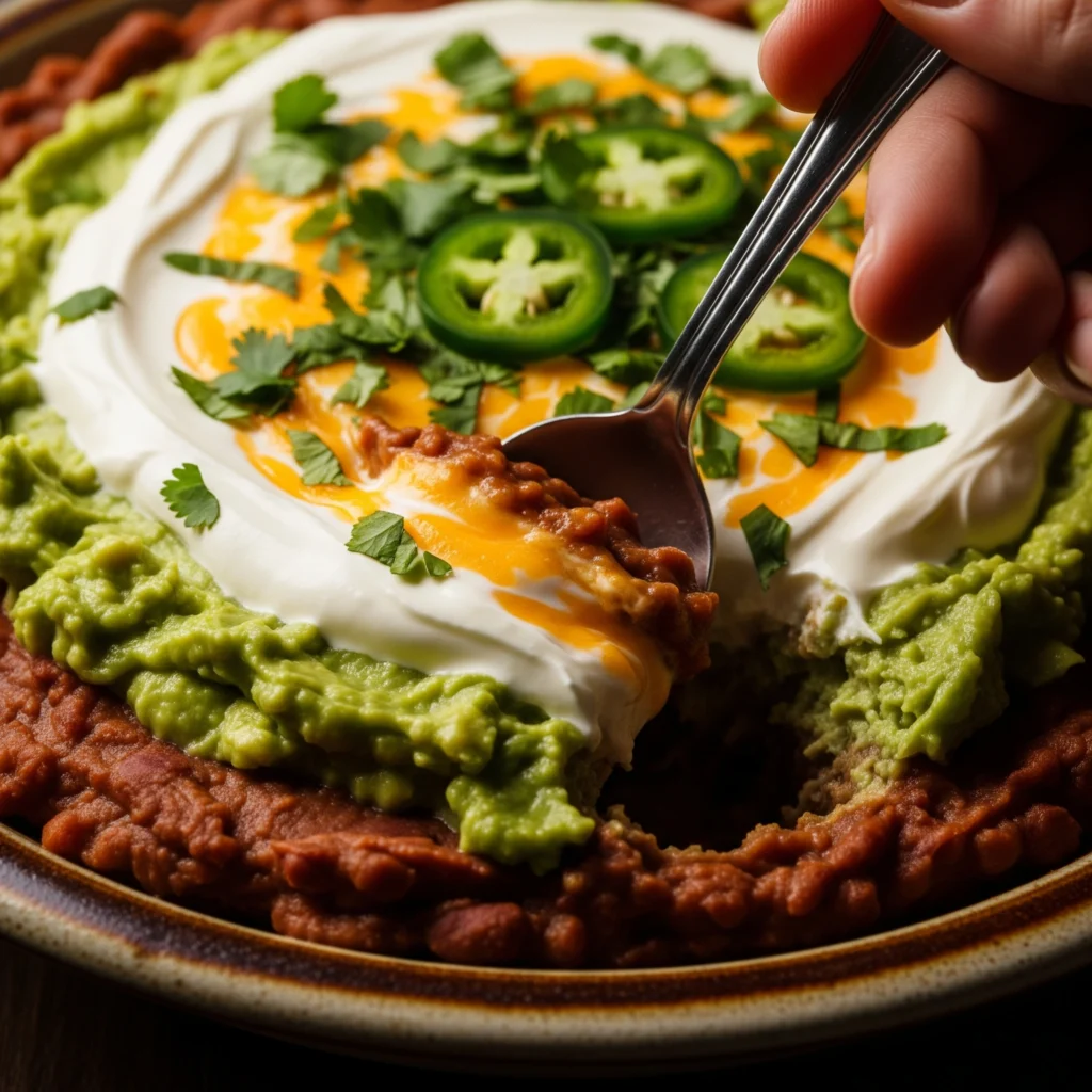 Close-up shot showing the seven distinct layers of the Halloween spider web dip being served with a spoon.