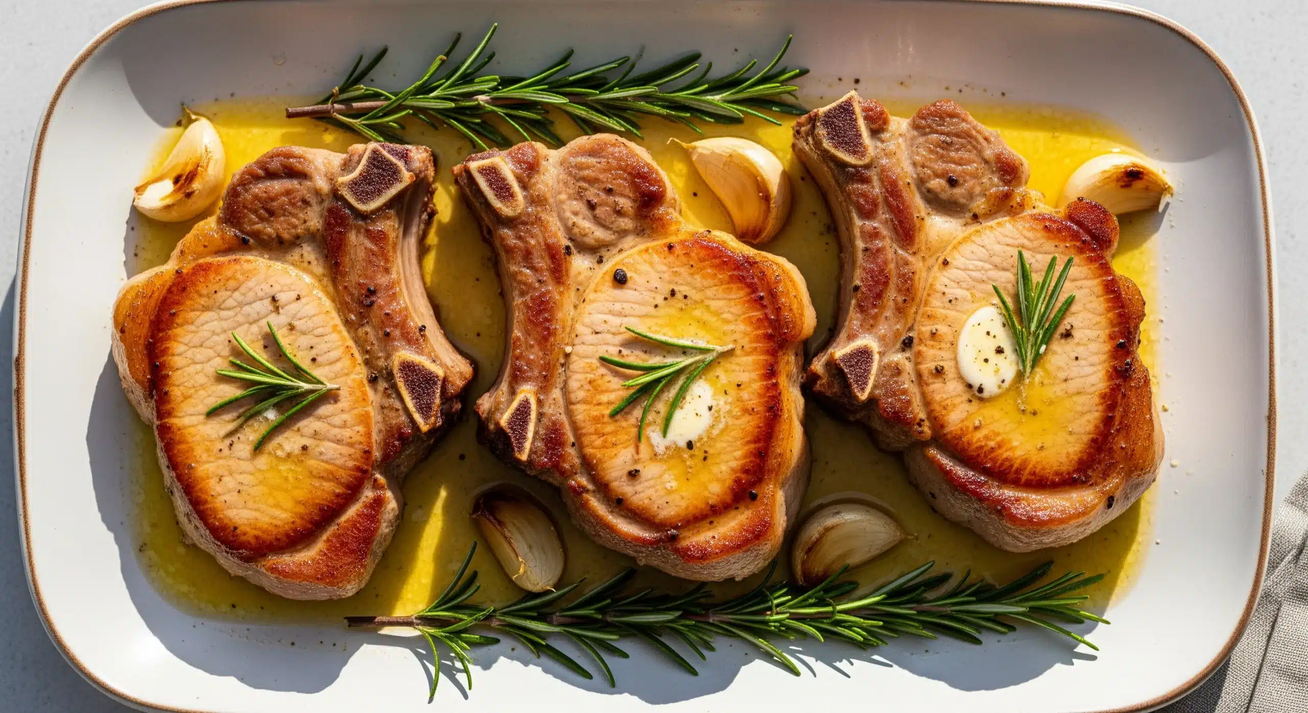 Golden brown pan seared pork chops on a platter with rosemary and garlic.