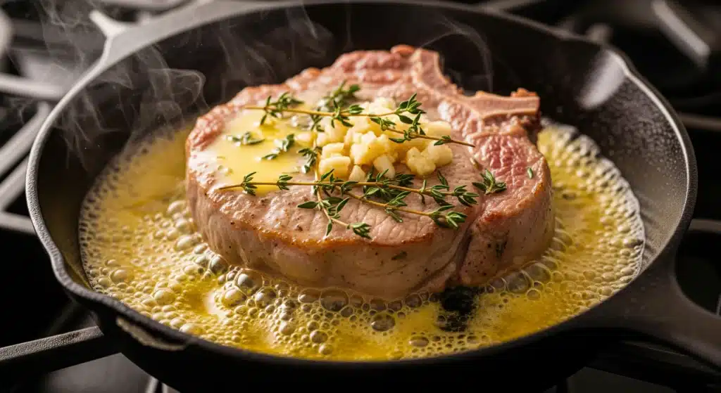 Sizzling pork chop in a cast iron skillet with bubbling butter and herbs.