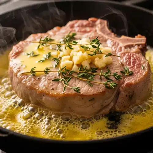 Sizzling pork chop in a cast iron skillet with bubbling butter and herbs.