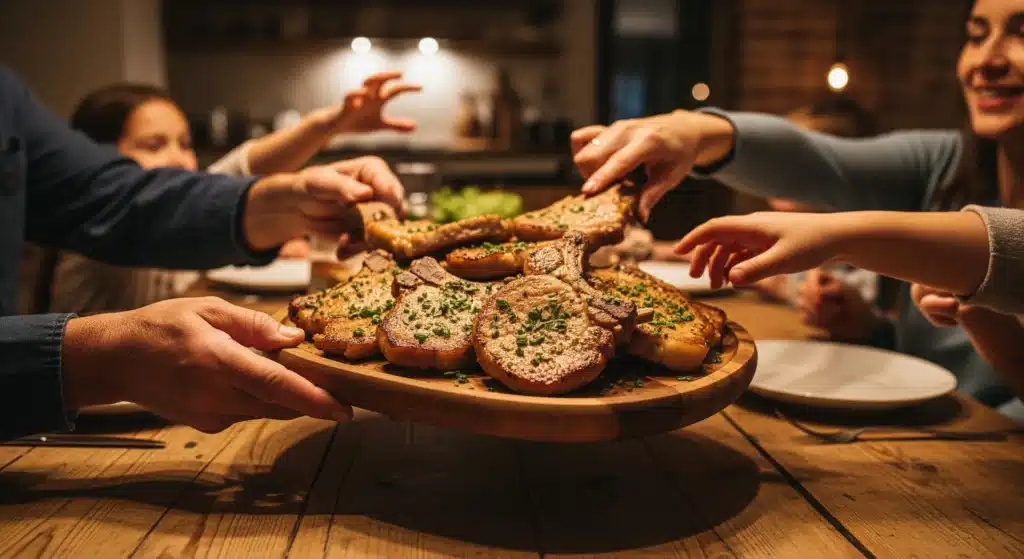 Family passing a platter of pork chops during a cozy dinner at home.	