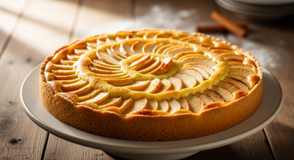 A whole authentic German Apple Kuchen on a ceramic cake stand, featuring concentric circles of sliced Granny Smith apples baked into a golden custard filling with a rustic shortbread crust.