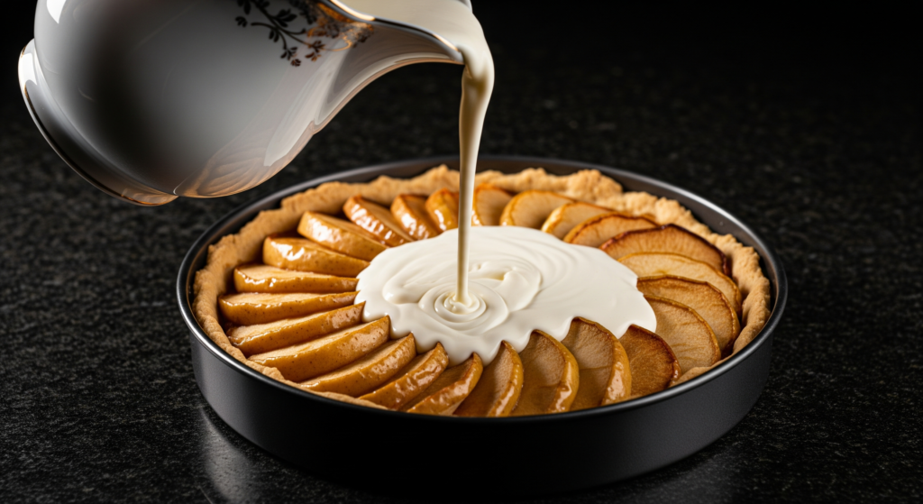 Action shot of thick vanilla heavy cream being poured from a vintage pitcher over hot baked apple slices in a springform pan during the Apple Kuchen baking process.