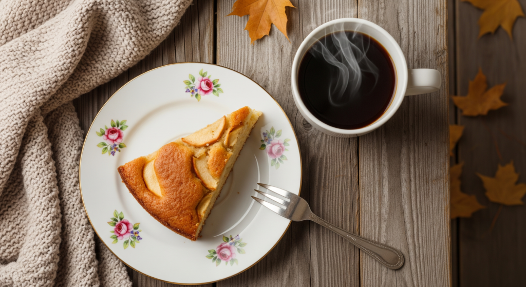 Top-down view of a single slice of Apple Kuchen served on a floral plate next to a steaming mug of black coffee, surrounded by beige knit textures and autumn leaves.