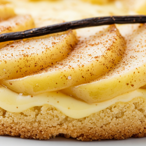 Extreme close-up detail of an Apple Kuchen slice showing the texture contrast between the flaky buttery shortbread crust, glossy tender apples, and vanilla bean specks.