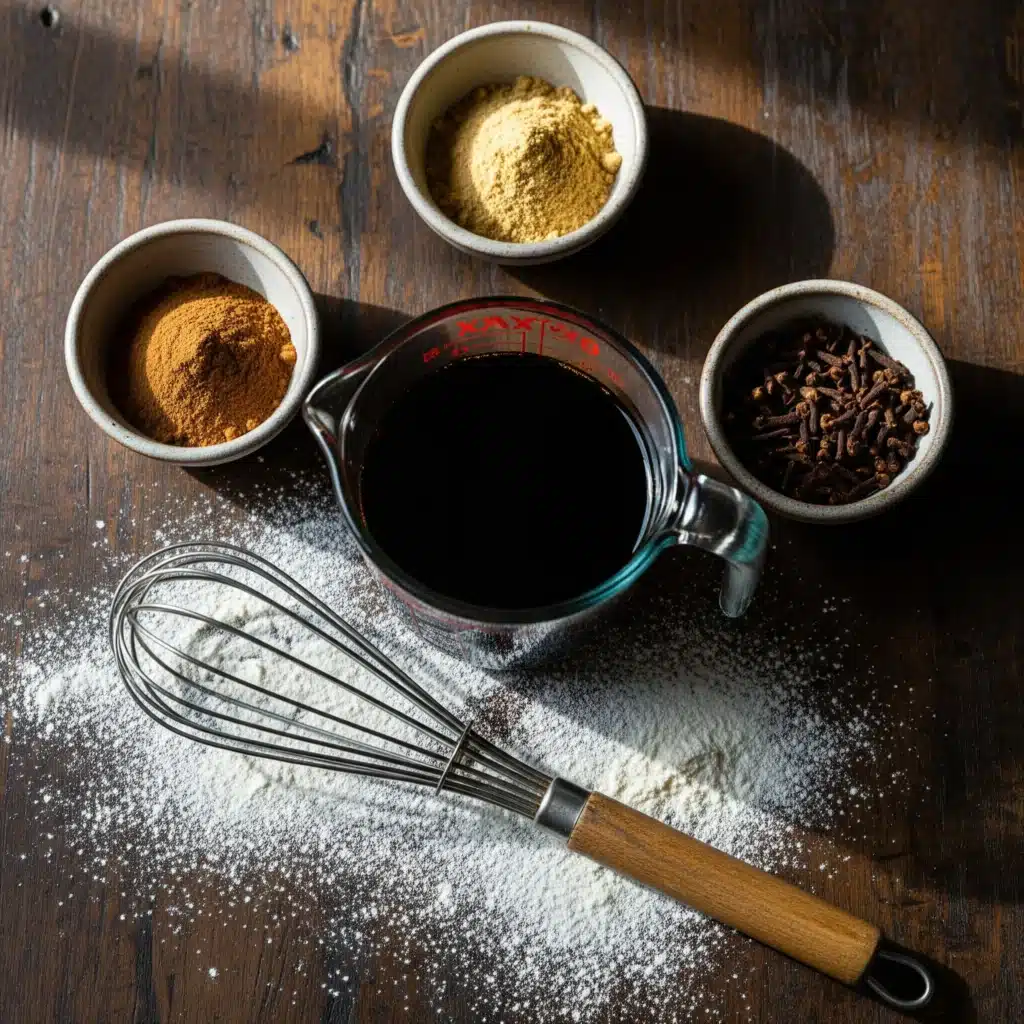 Flat lay of baking ingredients including molasses, ground ginger, and cinnamon cloves for making homemade holiday desserts.
