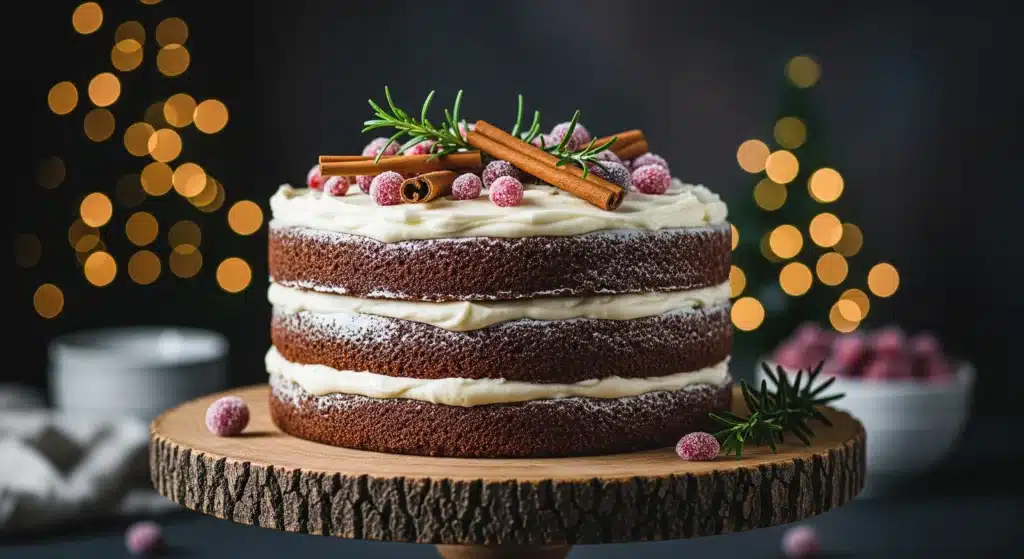 A stunning semi-naked Spiced Molasses Cake topped with sugared cranberries and rosemary, perfect for festive holiday desserts.
