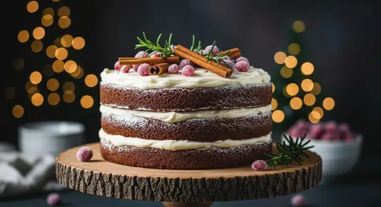 A stunning semi-naked Spiced Molasses Cake topped with sugared cranberries and rosemary, perfect for festive holiday desserts.