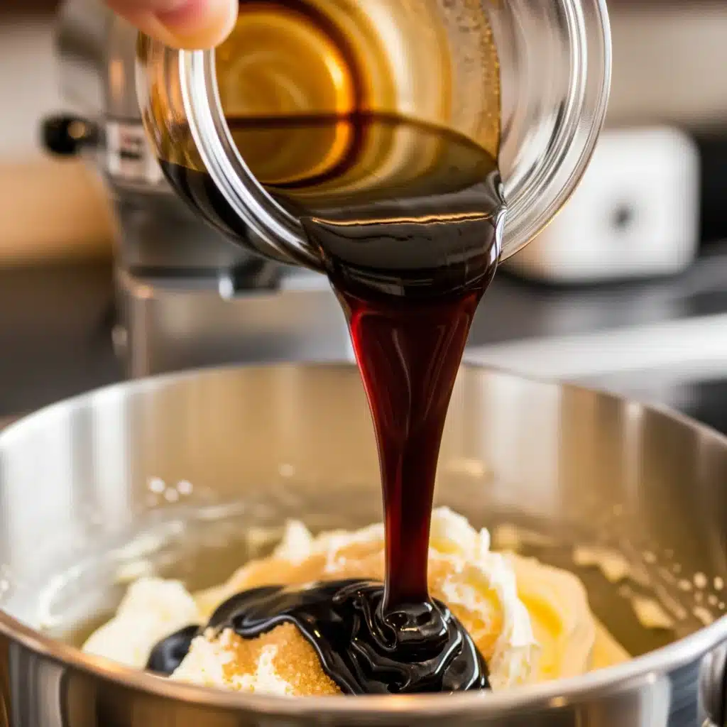 Thick dark molasses being poured into whipped butter and sugar batter, a crucial step for moist holiday desserts.