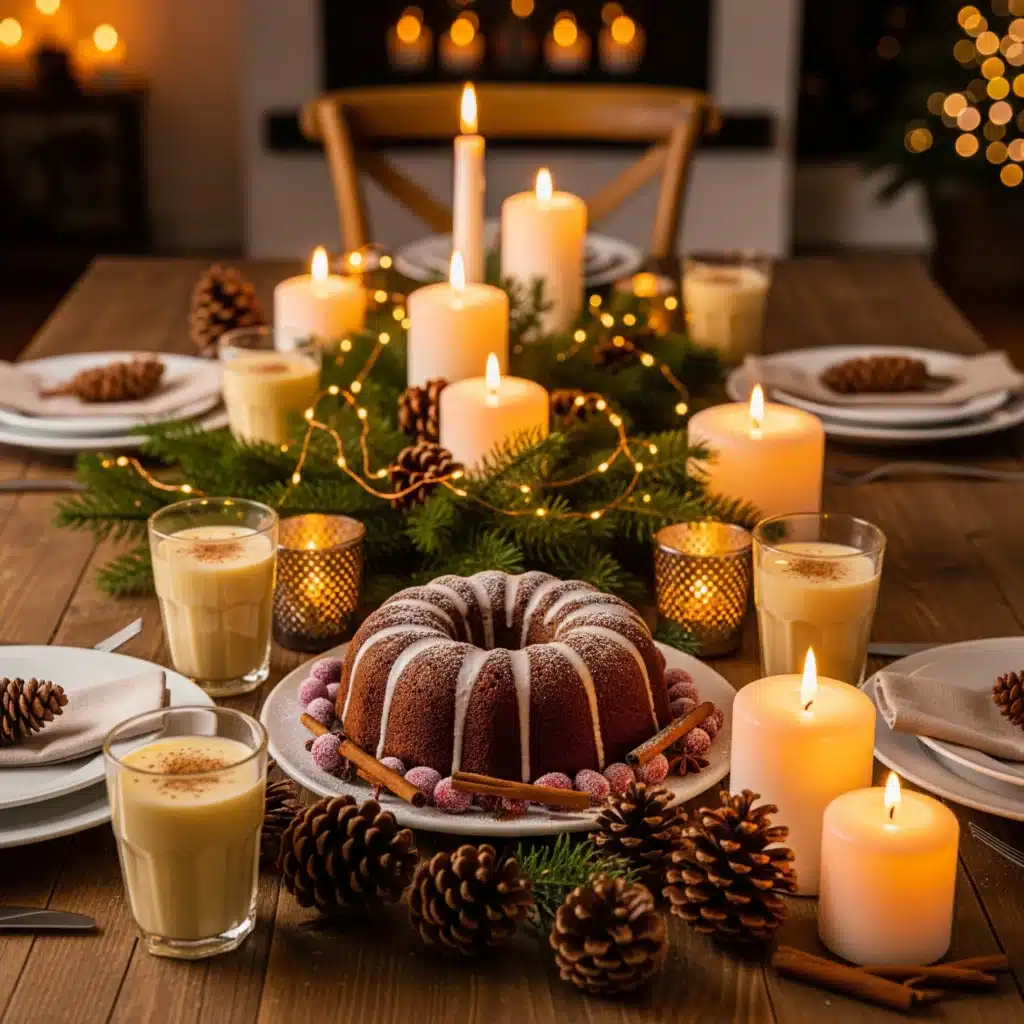 A cozy holiday table setting featuring the Spiced Molasses Cake, eggnog, candles, and evergreen decorations.