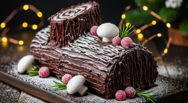 Classic holiday yule log dessert covered in chocolate ganache bark and decorated with meringue mushrooms and rosemary.