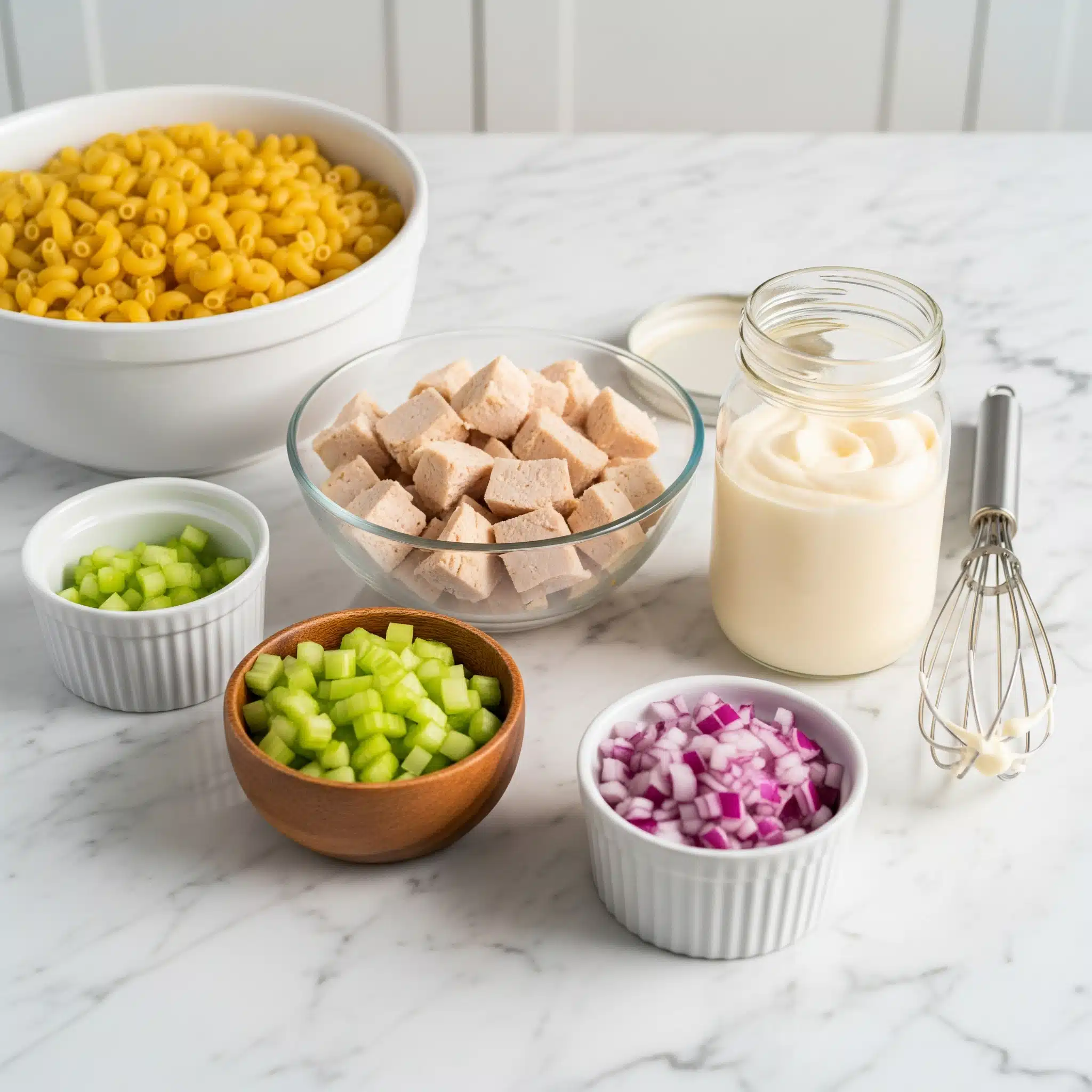 Ingredients for chicken macaroni salad arranged on a marble kitchen counter.
