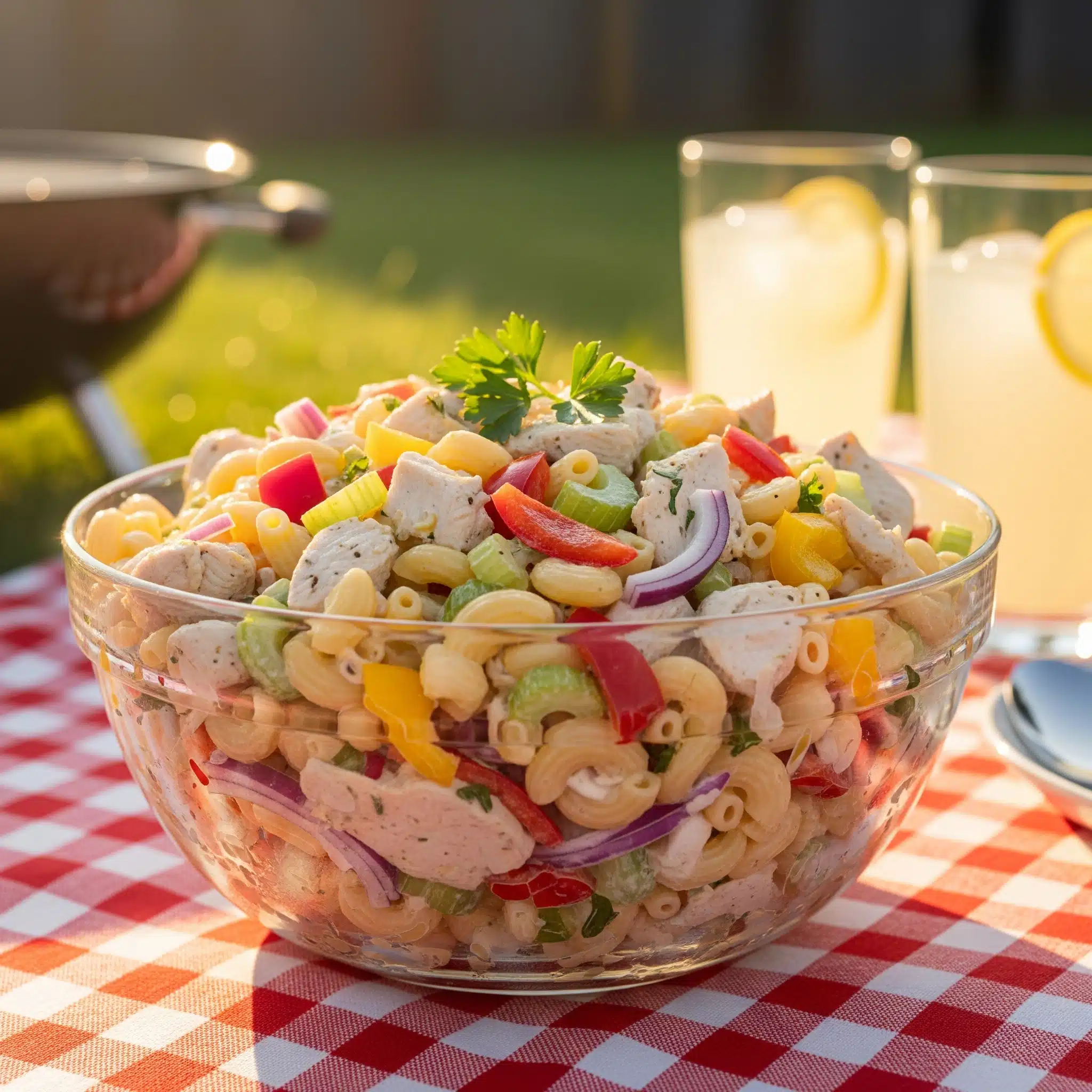 Chicken macaroni salad served in a glass bowl at a summer backyard picnic.