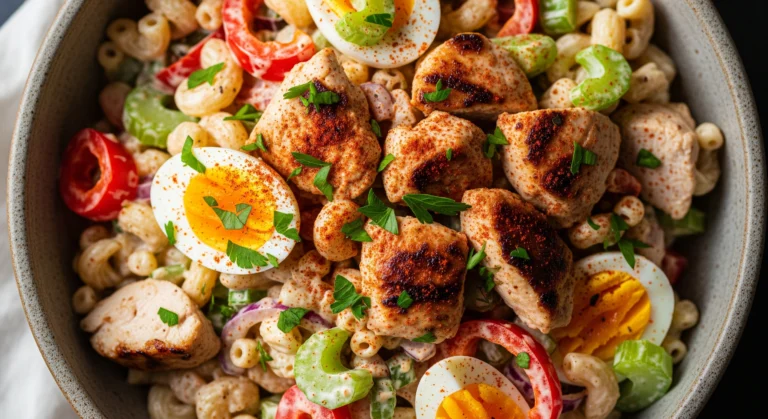 Creamy chicken macaroni salad with grilled chicken and fresh vegetables in a rustic bowl.