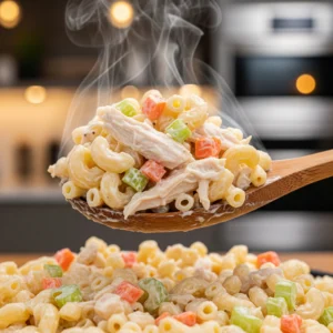 Wooden spoon scooping a large serving of creamy chicken macaroni salad.