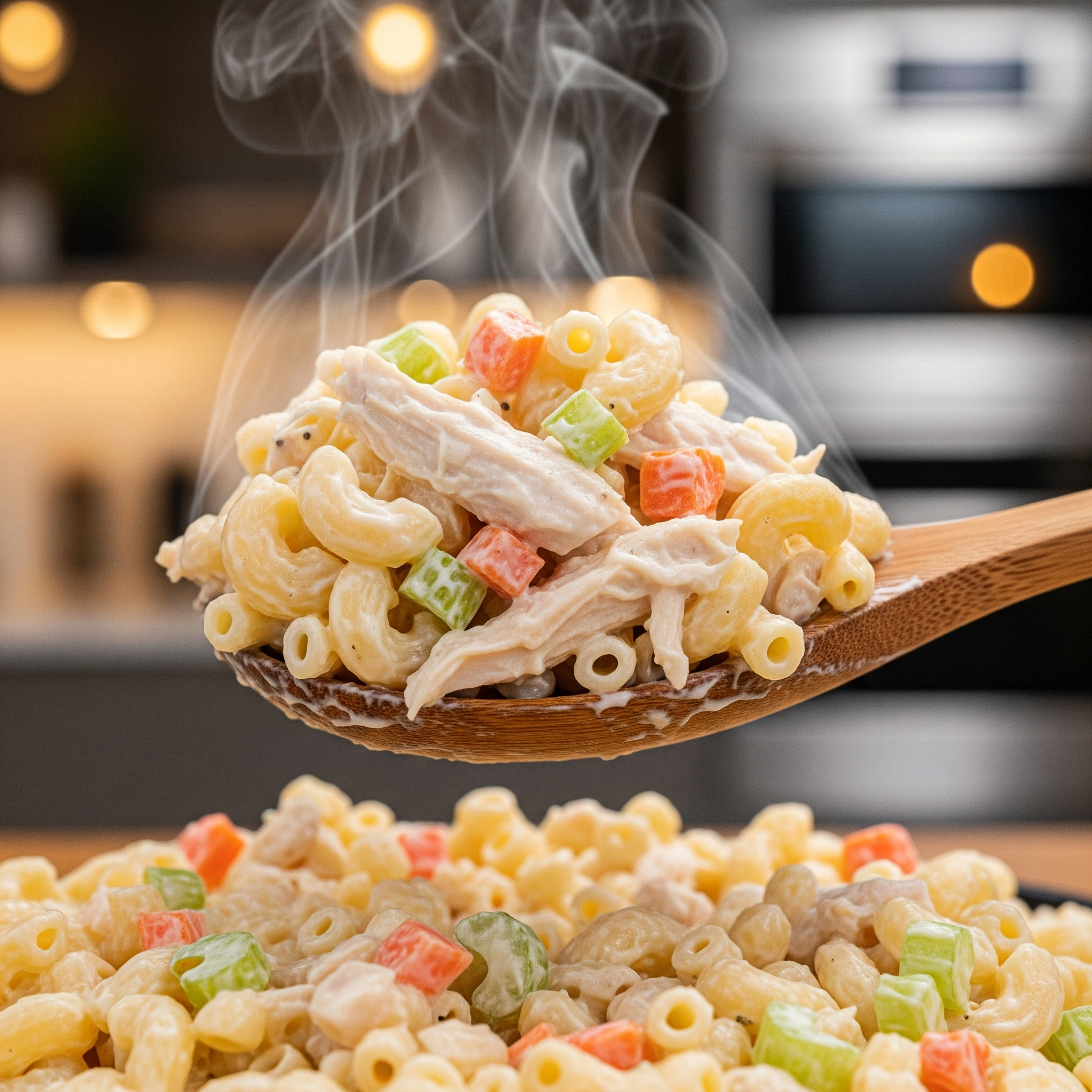 Wooden spoon scooping a large serving of creamy chicken macaroni salad.