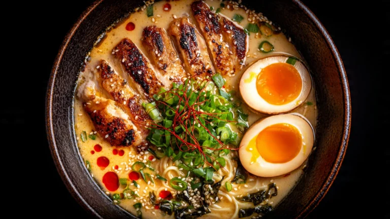 A bowl of creamy garlic chicken ramen with soft boiled egg and chili oil toppings.