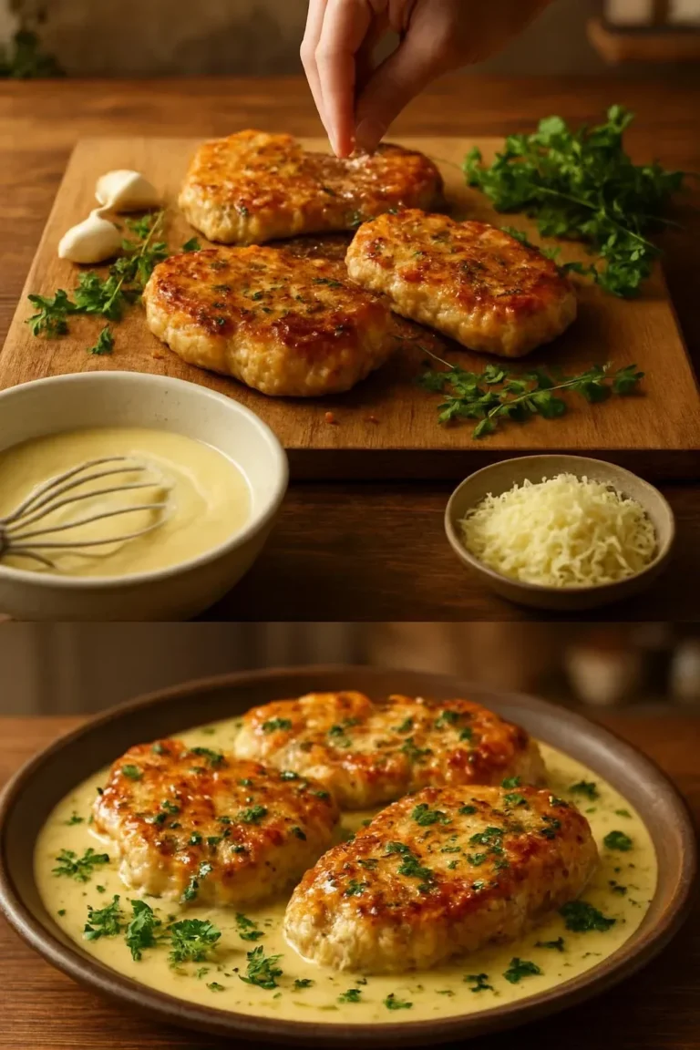 Delicious Alpine Cheese Pork Chops served with herbs and spices