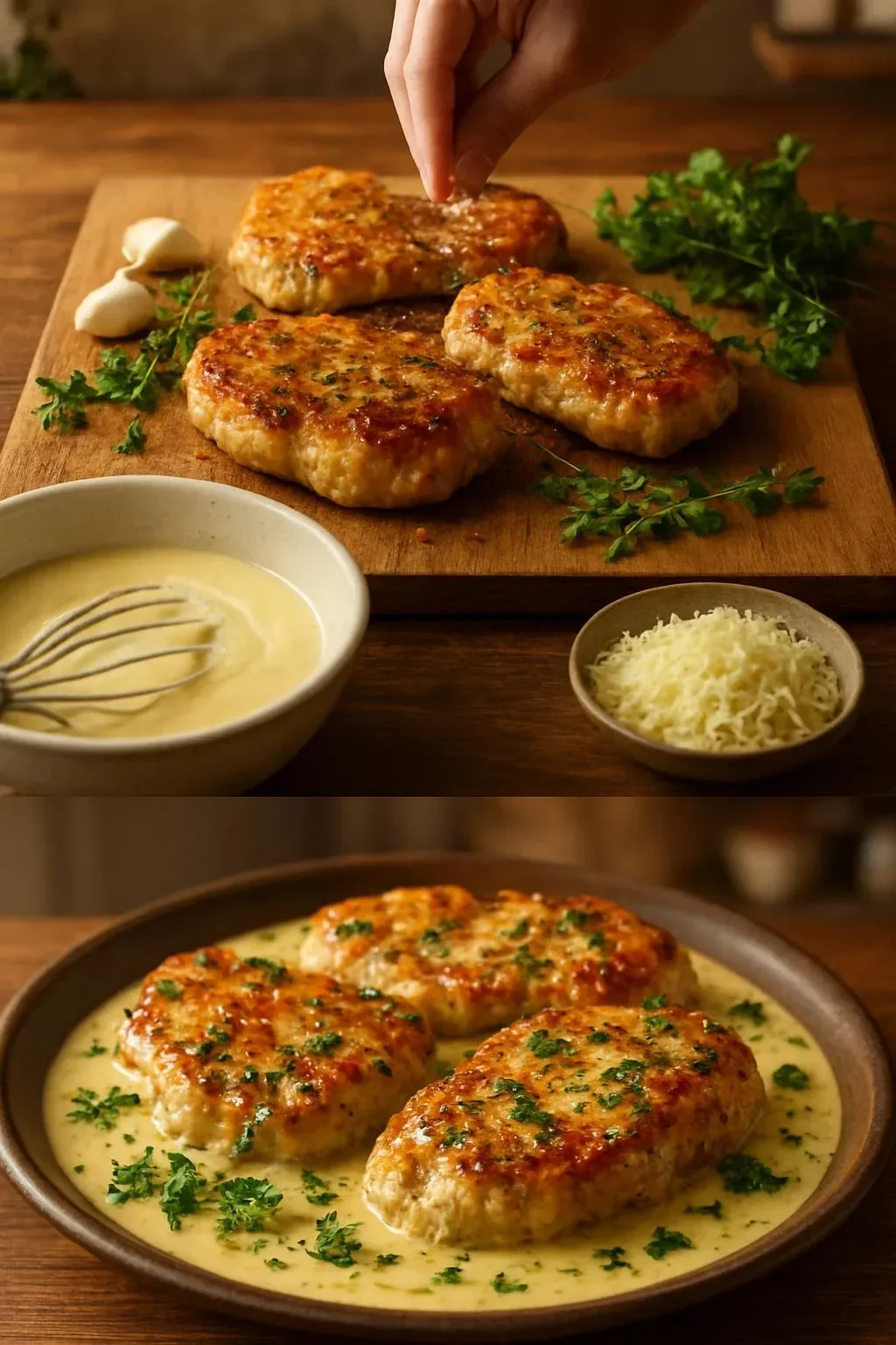 Delicious Alpine Cheese Pork Chops served with herbs and spices