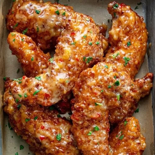 Delicious plate of Bang Bang Chicken garnished with fresh herbs.