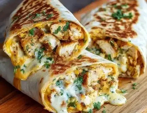 Cheesy garlic chicken wraps served with fresh vegetables on a plate