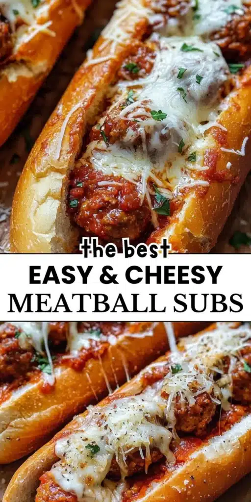 Cheesy meatball subs on a plate, topped with marinara sauce and melted cheese