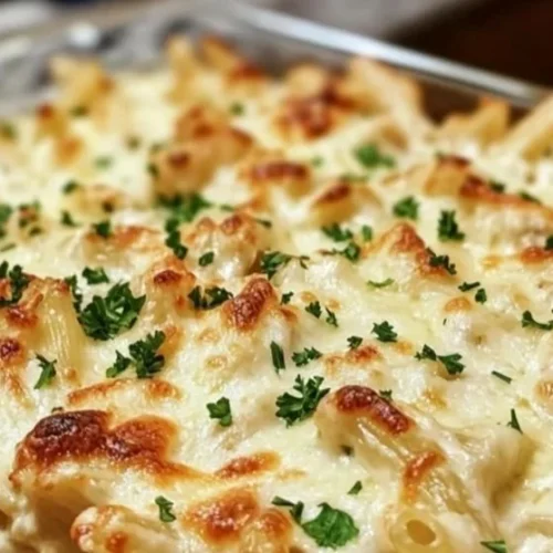 Delicious Chicken Alfredo Pasta Bake served in a baking dish