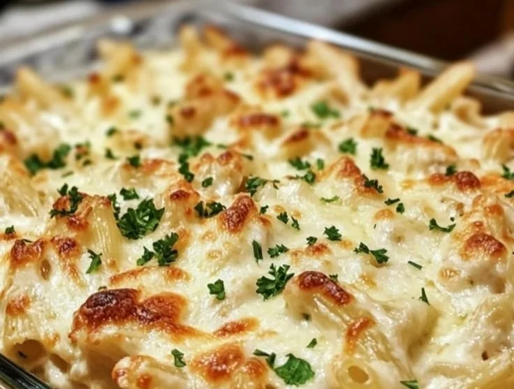 Delicious Chicken Alfredo Pasta Bake served in a baking dish