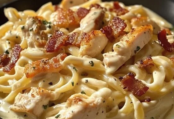Creamy Chicken Bacon Ranch Pasta dish garnished with herbs.