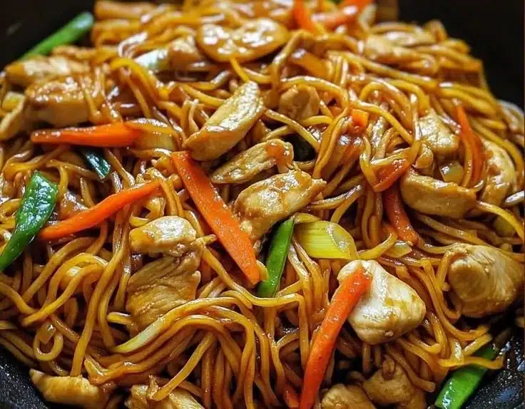 Delicious bowl of Chicken Lo Mein with vegetables and noodles