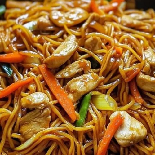 Delicious Chicken Lo Mein with colorful vegetables and noodles