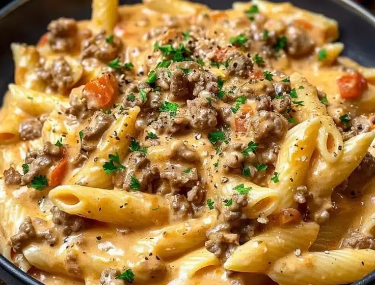 Creamy beef pasta dish served in a bowl, garnished with herbs.
