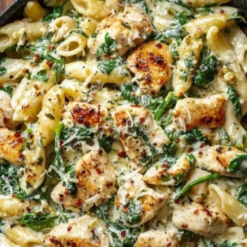 Creamy chicken spinach pasta served in a bowl