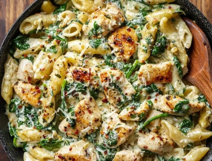 Creamy chicken spinach pasta served in a bowl