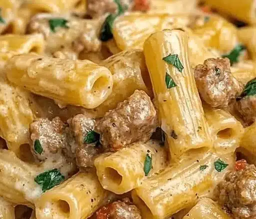 Delicious creamy Italian sausage rigatoni served in a bowl