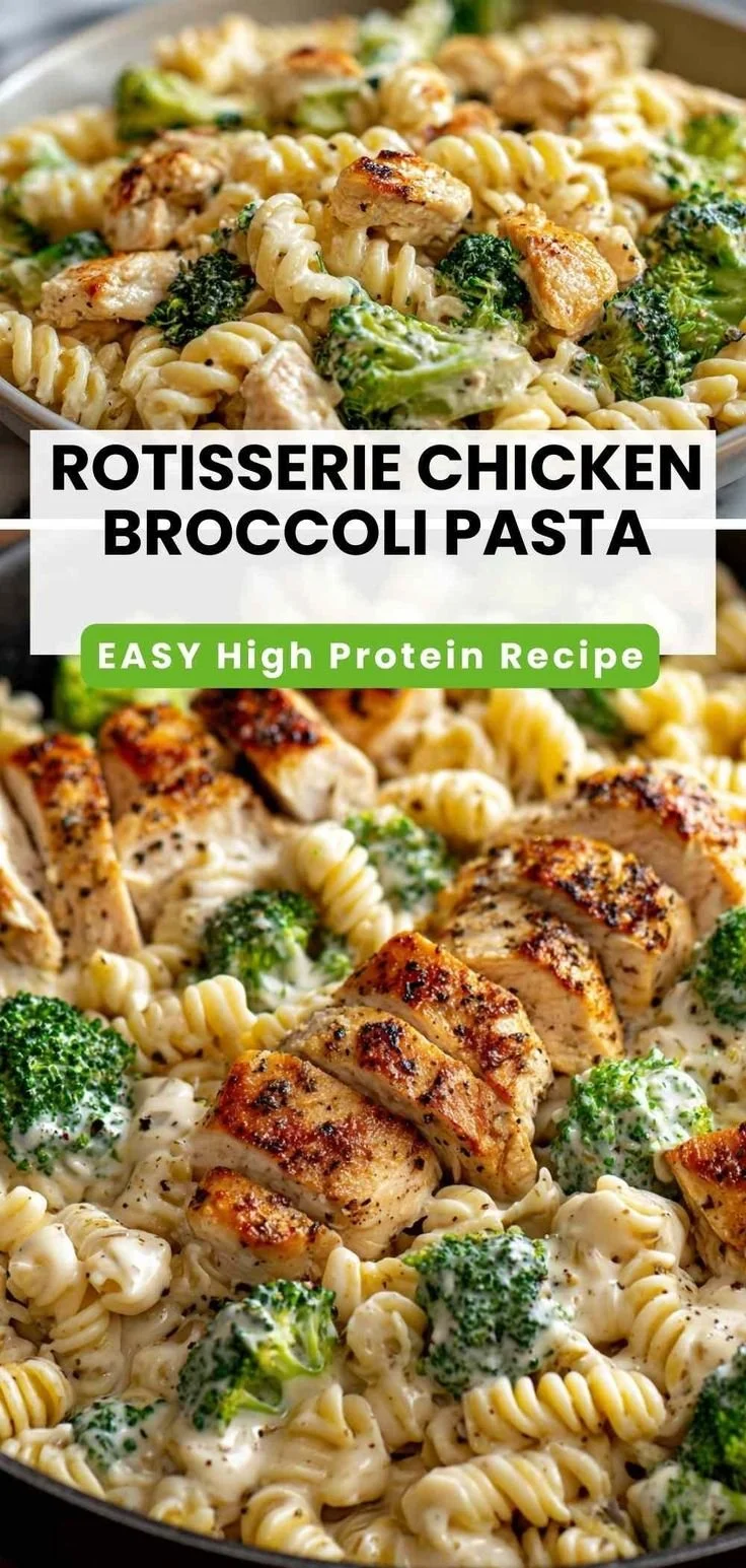 Creamy rotisserie chicken broccoli pasta served in a bowl with fresh herbs.
