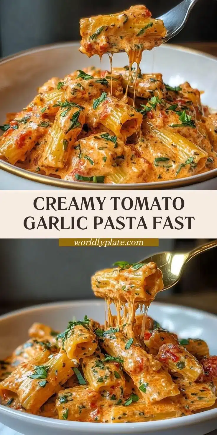 Creamy tomato garlic pasta garnished with fresh herbs