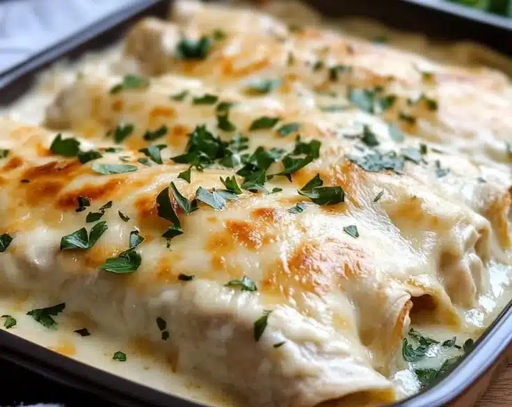 Creamy white chicken enchiladas topped with cheese and served with salsa.