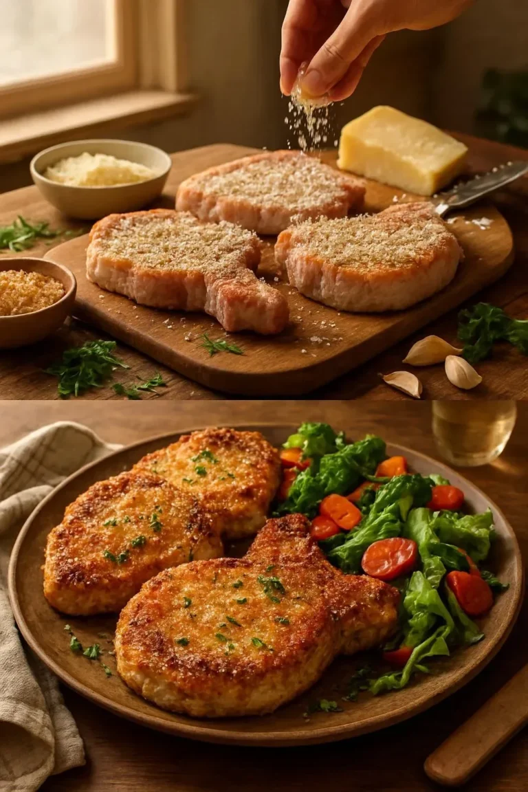 Crispy baked parmesan pork chops served on a plate with herbs.