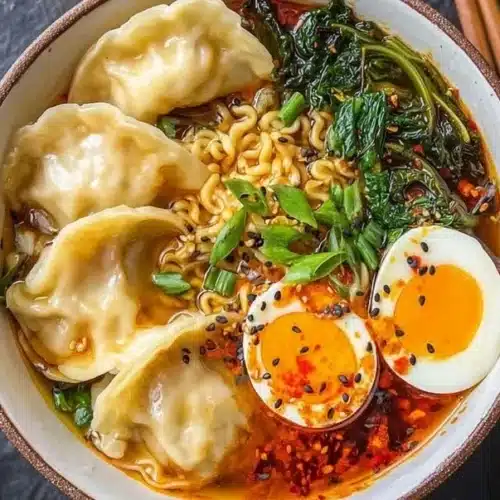 Delicious Dumpling Ramen Bowl with fresh vegetables and toppings