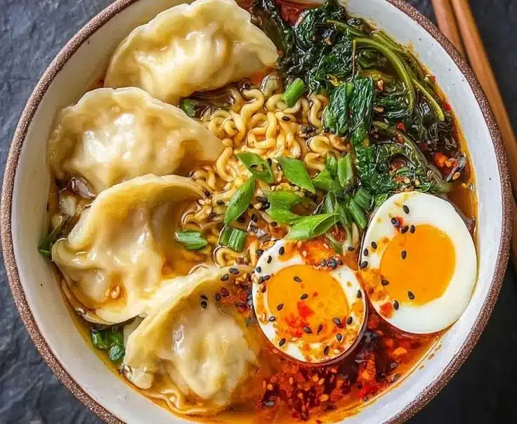 Delicious Dumpling Ramen Bowl with fresh vegetables and toppings