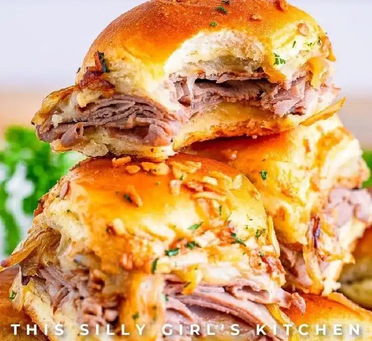 Savory French Dip Sliders served with dipping sauce