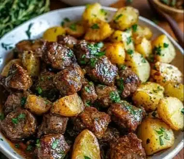 Delicious Garlic Butter Beef Bites served with golden potatoes on a plate.