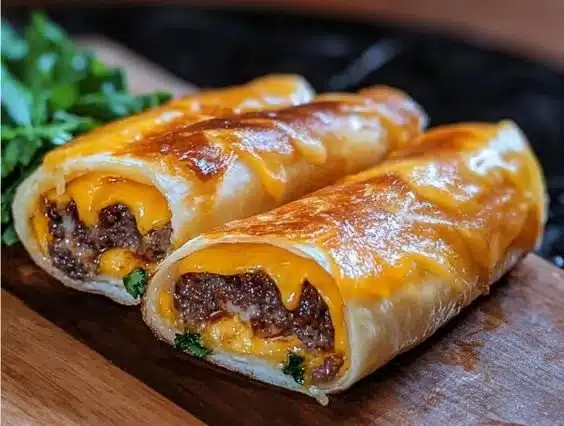 Garlic butter beef cheeseburger rollups served on a plate.