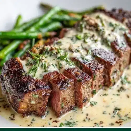 Garlic Butter Steak drizzled with Parmesan Cream Sauce on a plate