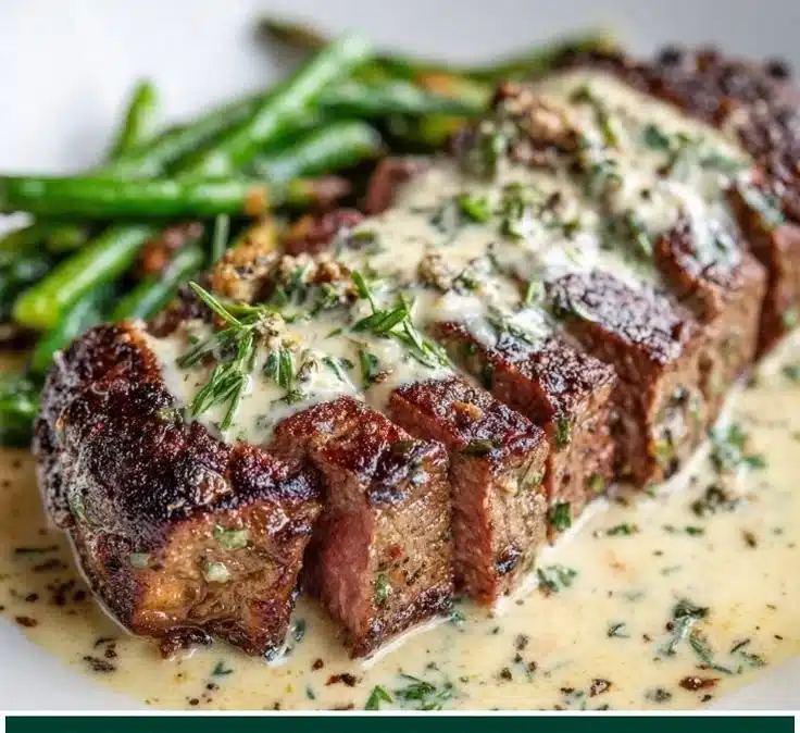 Garlic Butter Steak drizzled with Parmesan Cream Sauce on a plate