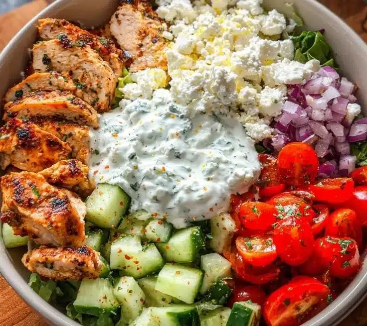 Delicious Greek chicken bowl with fresh vegetables and zesty dressing